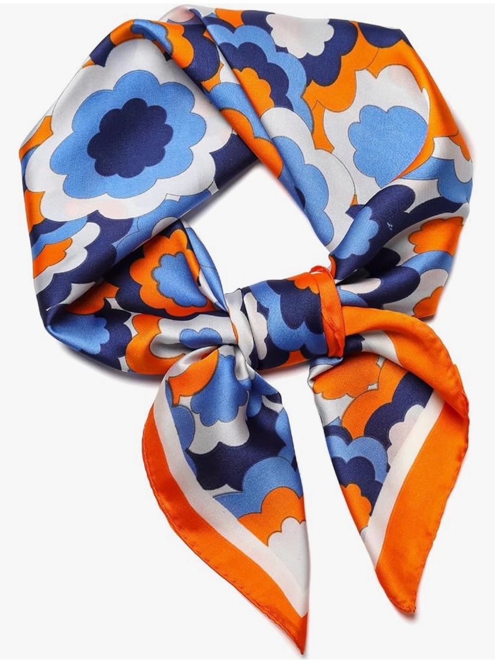 NEW Silk-Effect Floral Print Neck Scarf in Orange and Blue 27.5"